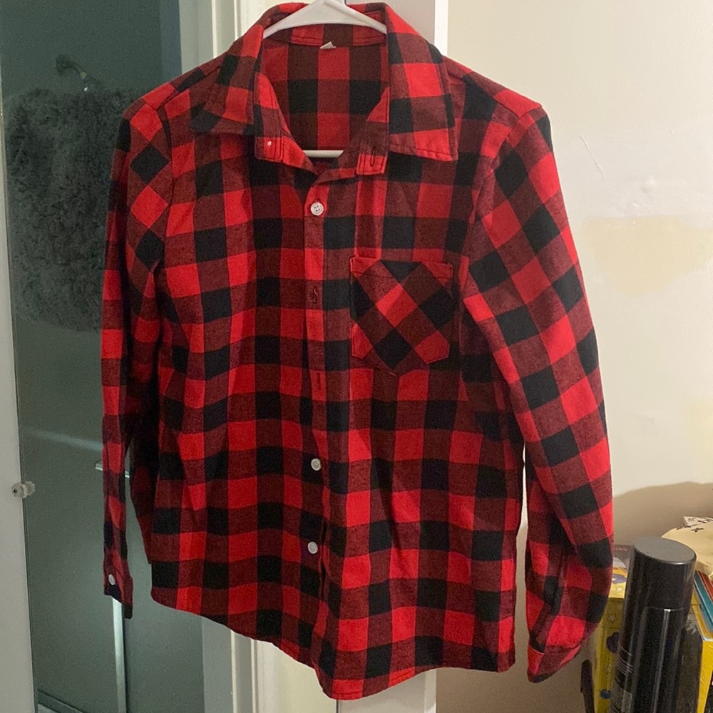 Boys black and red checker dress shirt.